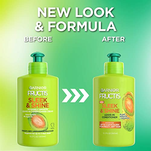 Fructis Sleek & Shine Leave-In Conditioning Cream for Frizzy, Dry Hair, Plant Keratin + Argan Oil, 10.2 Fl Oz, 1 Count (Packaging May Vary)