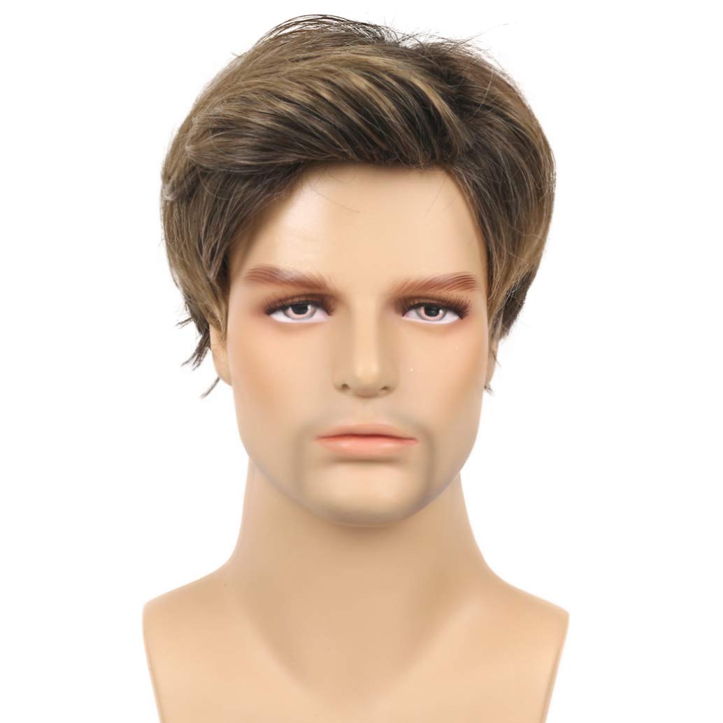 Mens Wigs Short Straight Brown mix Natural Synthetic Cosplay Hair Wigs for Male Guy