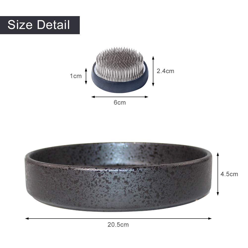 Flower Arranging Supplies, Round Ceramic Ikebana vases with 6cm Round Flower Frog for Ikebana Floral Arrangement Home Decoration, Black Spotted