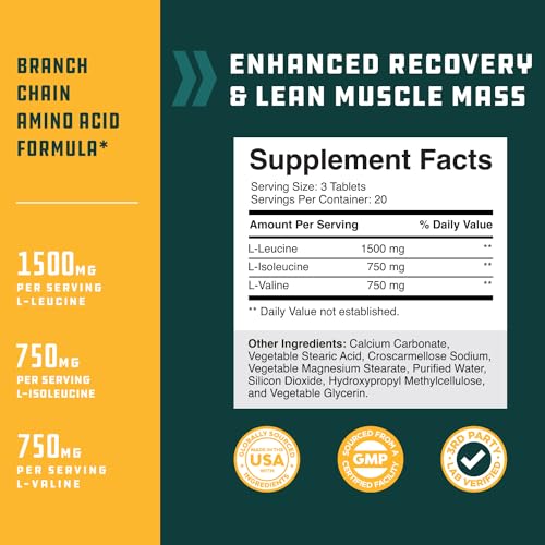 BCAA Branched Chain Amino Acids Supplement Natural Muscle Builder Pure Energy Booster and Workout Exercise Support for Men and Women Boost Recovery L-Leucine L-Valine 60 Tablets - 20 Servings