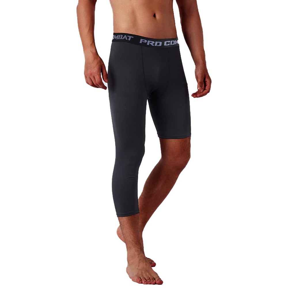 Mens 3/4 One Leg Compression Capri Tights Pants Athletic Base Layer Underwear (Black-R,M)