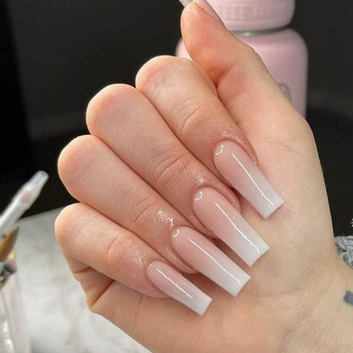 Glossy Square Press on Nails Long Squoval Fake Nails Nude Fake Fingernails Artificial Acrylic Nails False Nails for Professional and Beginner
