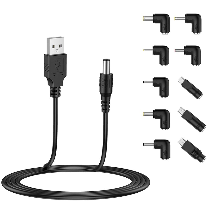 USB to DC 5V Power Cord, Universal DC 5.5x2.1mm Plug Jack Charging Cable with 10 Connector Tips(5.5x2.5, 4.8x1.7, 4.0x1.7, 4.0x1.35, 3.5x1.35, 3.0x1.1, 2.5x0.7, Micro USB, Type-C, Mini USB)5FT