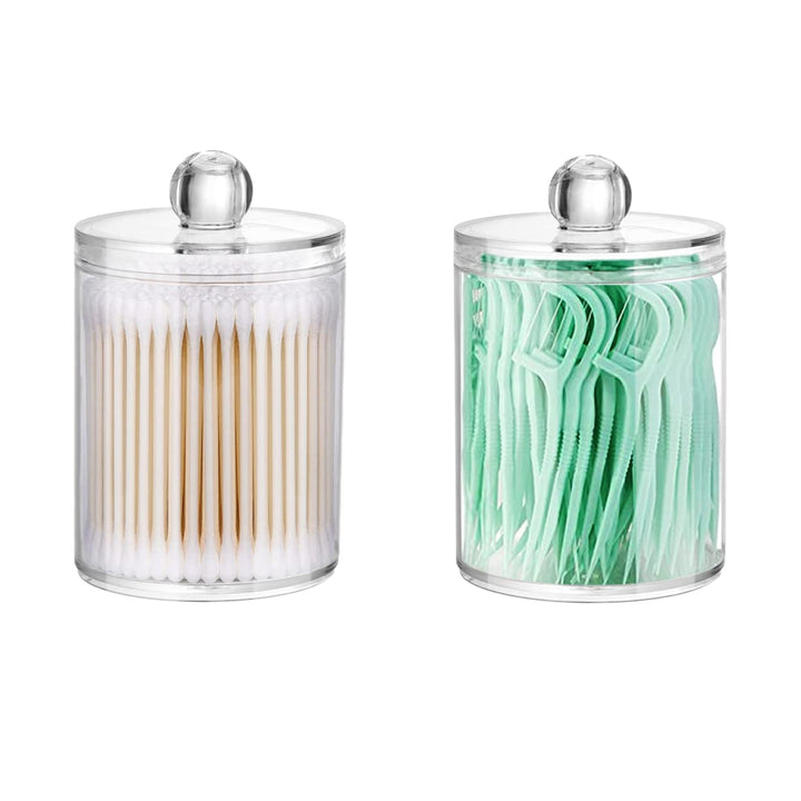 2 Pack Qtip Holder Storage Canister for Cotton Ball, Cotton Swab, Pads, Floss; 10-Ounce Clear Plastic Apothecary Jar with Lid, Bathroom Makeup Organizer (2)
