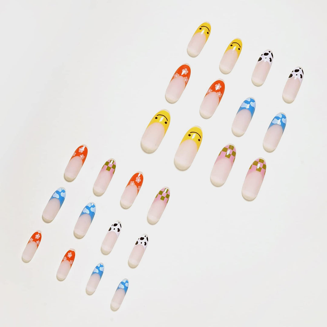 24 Pcs Press on Nails Medium Length, Fake Nails Almond Glue on Nails, Stiletto False Nails with Glue, Acrylic Nails for Women and Girls (Colorful Stiletto)