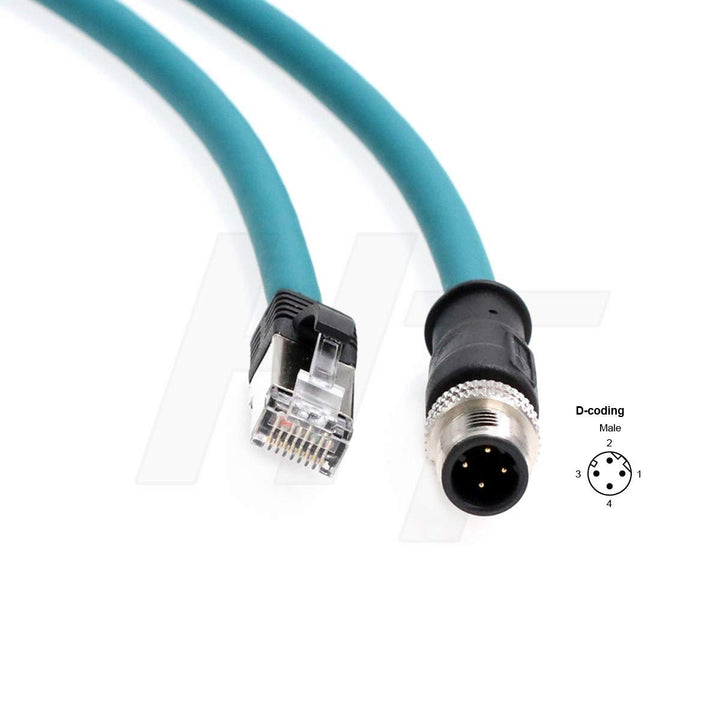 HangTon Industrial Ethernet M12 4 Pin D-Code RJ45 Shielded Cable, Profinet Network Rail CCTV Control LED Power Sensor (1m)