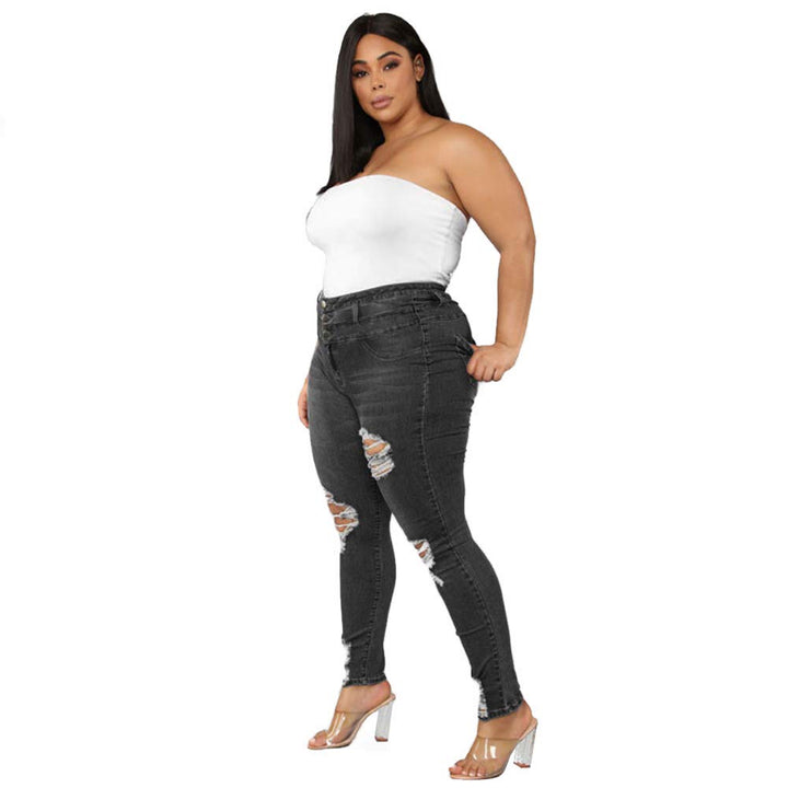 Women&#39;s Plus Size Ripped Skinny Jeans High Waist Stretch Slim Fit Distressed Denim Pants High-Rise Girlfriend Tight Jean Pants (Ripped Skinny Dark Blue, 2XL)