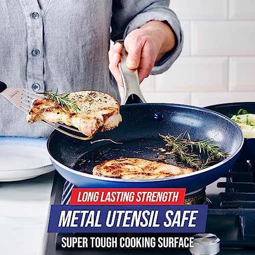 Cookware 10 Frying Pan Skillet, Diamond Infused Healthy Ceramic Nonstick, PFAS and PFOA-Free, Dishwasher and Oven Safe, Even Heating, Metal Utensil Safe, Warp Control Base, Blue