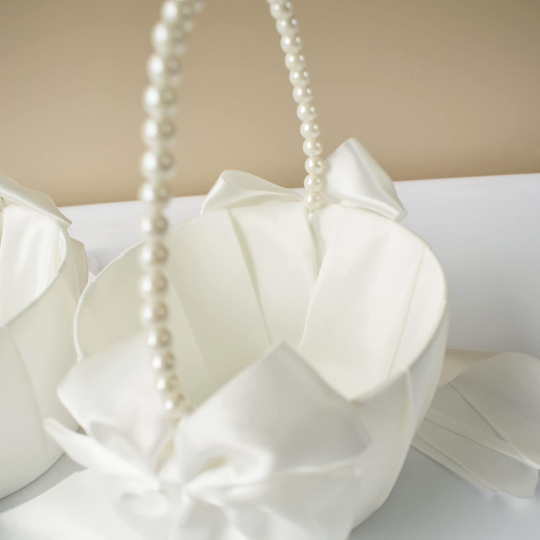 2 Pcs Wedding Flower Girl Baskets with Cute Pearl Handle Bowknot Satin Flower Baskets for Wedding Ceremony, Ivory