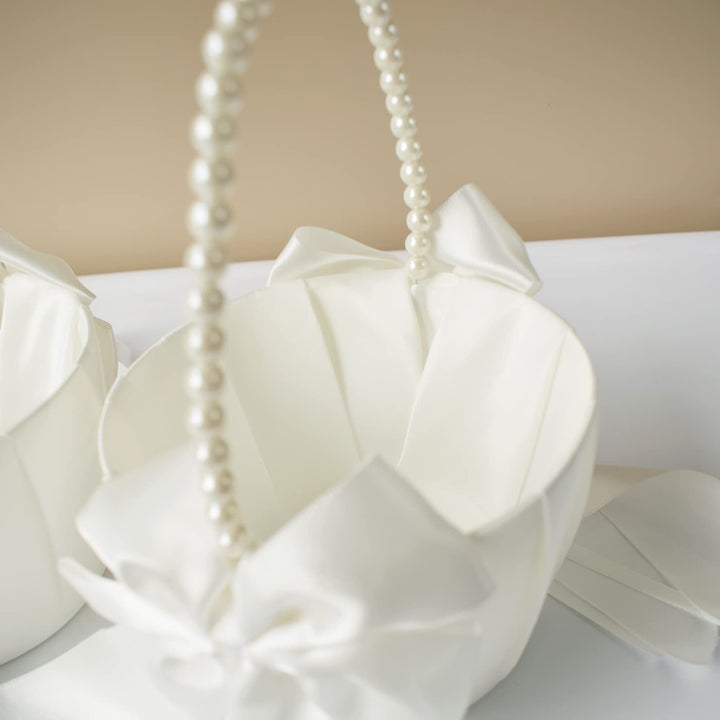 2 Pcs Wedding Flower Girl Baskets with Cute Pearl Handle Bowknot Satin Flower Baskets for Wedding Ceremony, Ivory