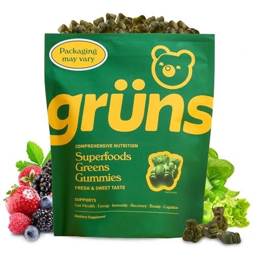 Gruns Adult Super Greens Gummies - Superfood Gummy Bears with Spirulina, Chlorella & Prebiotics for Digestive Health - Adaptogens Supplement with 20 Vitamins & Minerals, Low Sugar- 2-Week Supply