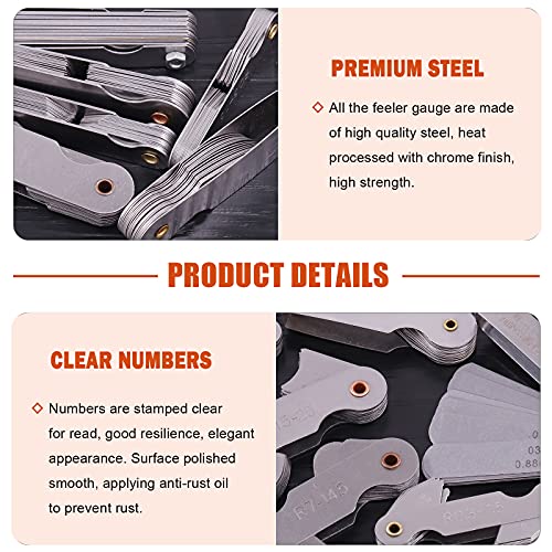6Pcs Stainless Steel Feeler Gauge and Radius Gauge Set, 5Pcs R0.3-1.5/ R1-6.5/ R7-14.5/ R15-25/ R25-50 Radius Fillet Gauge with 32 Blades 0.04-0.88 mm Metric and Imperial Gap Measuring Tool