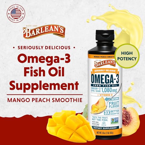 Mango Peach Omega 3 Fish Oil Liquid Supplement with Vitamin D, 1080mg EPA & DHA Fatty Acid, Smoothie Flavored & Burpless for Brain, Joint, & Heart Health, 16 oz