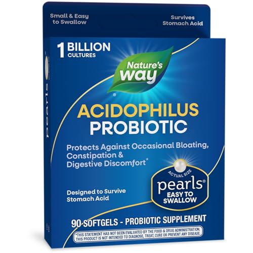 Nature&#39;s Way Acidophilus Probiotic Pearls, Supports Digestive Balance and Gut Health*, Protects Against Occasional Constipation and Bloating*, 1 Billion Live Cultures, 90 Softgels (Packaging May Vary)