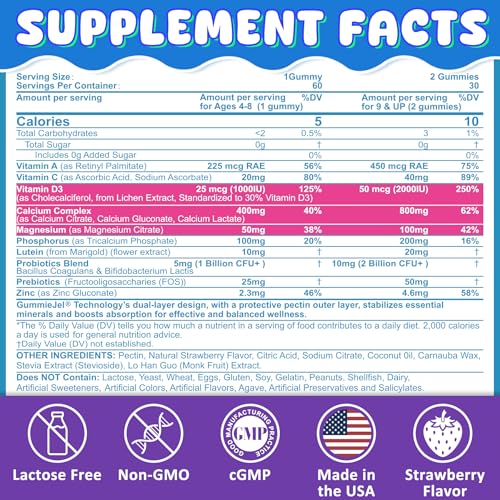 Kids Calcium Gummies + D3 & Magnesium for 4+, with Calcium Citrate Calcium Gluconate, Calcium Lactate, Probiotics & Prebiotics for Children Bone Health,Muscle Support,Digestive Health,Sugar Free 60Cts