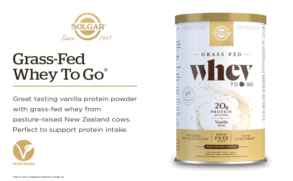 Solgar Grass Fed Whey to Go Protein Powder Vanilla, 11.9 oz - 20g of Grass-Fed Protein from New Zealand cows - Great Tasting &amp; Mixes Easily - Supports Strength &amp; Recovery -, 13 servings