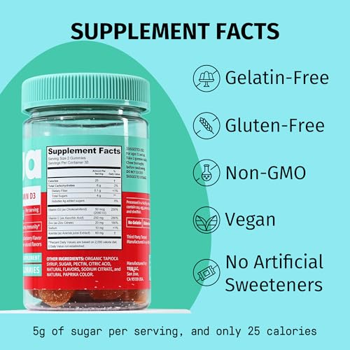 TEJA Immune Support Gummies for Teens with Vitamin D 2000IU, VIT C, Zinc, and Acerola. Low Sugar Supplement, Daily Immunity Multivitamin for Age 12-17 Teenagers to Adults. 30 Gummies