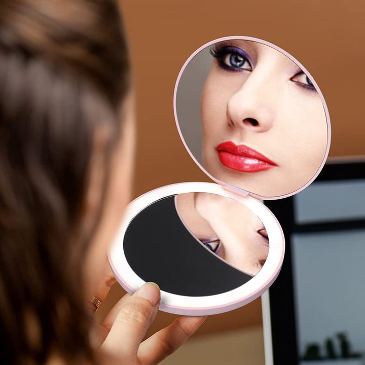 Yiculkw Compact Travel Mirror LED Travel Makeup Mirror, 3.5 inch Rechargeable led Lighted Makeup Mirror, 2X Magnification, Handheld, Double Sided, Portable Folding Mirror for Pocket, Purse, Gift