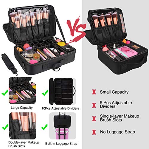 Makeup Bag Travel Makeup Train Case 13.8 inches Large Cosmetic Case Professional Portable Makeup Brush Holder Organizer and Storage with Adjustable Dividers and Shoulder Strap Black