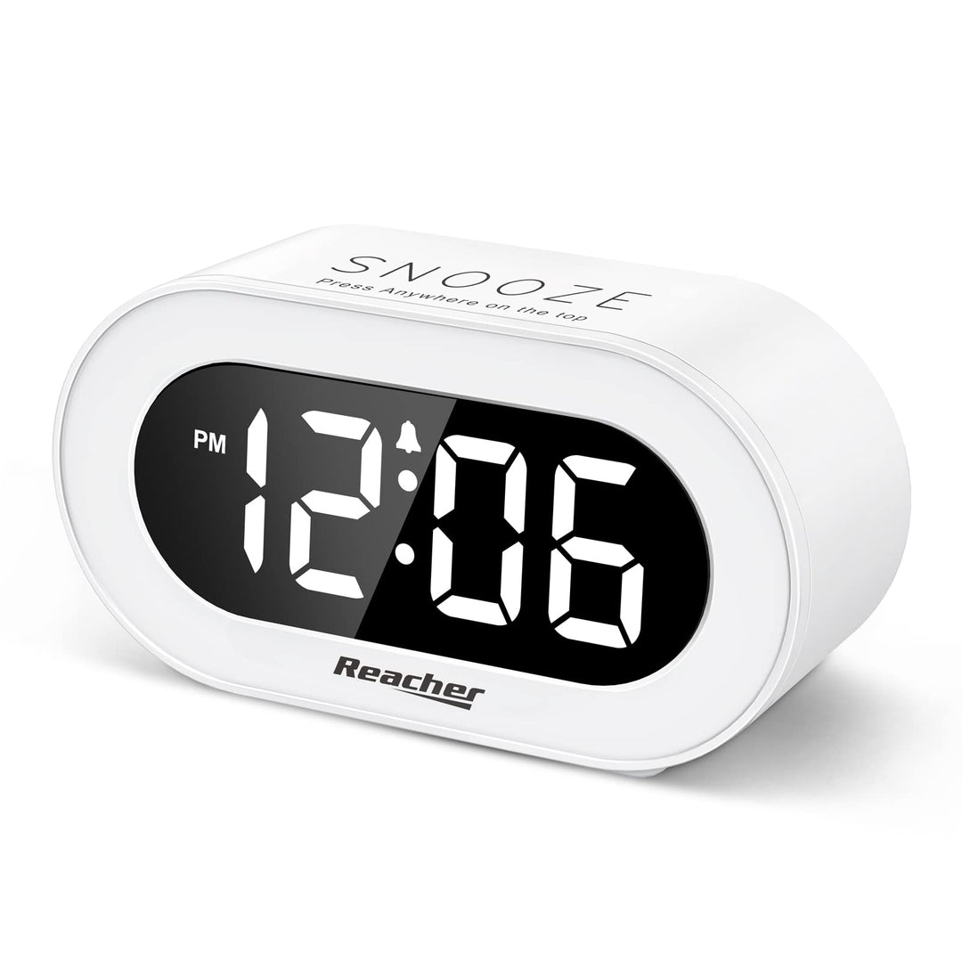 Small LED Digital Alarm Clock with Snooze, Simple to Operate, Full Range Brightness Dimmer, Adjustable Alarm Volume, Outlet Powered Compact Clock for Bedrooms, Bedside, Desk, Shelf(White)