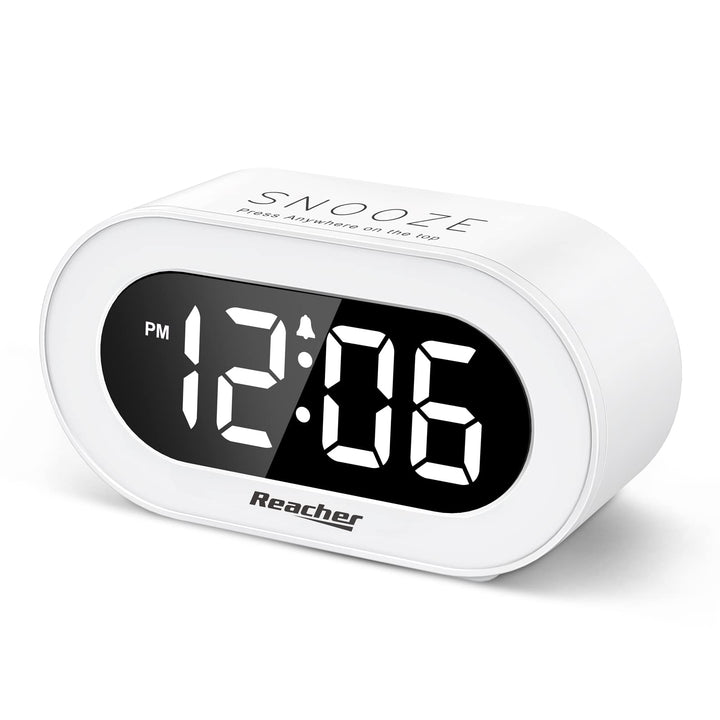 Small LED Digital Alarm Clock with Snooze, Simple to Operate, Full Range Brightness Dimmer, Adjustable Alarm Volume, Outlet Powered Compact Clock for Bedrooms, Bedside, Desk, Shelf(White)