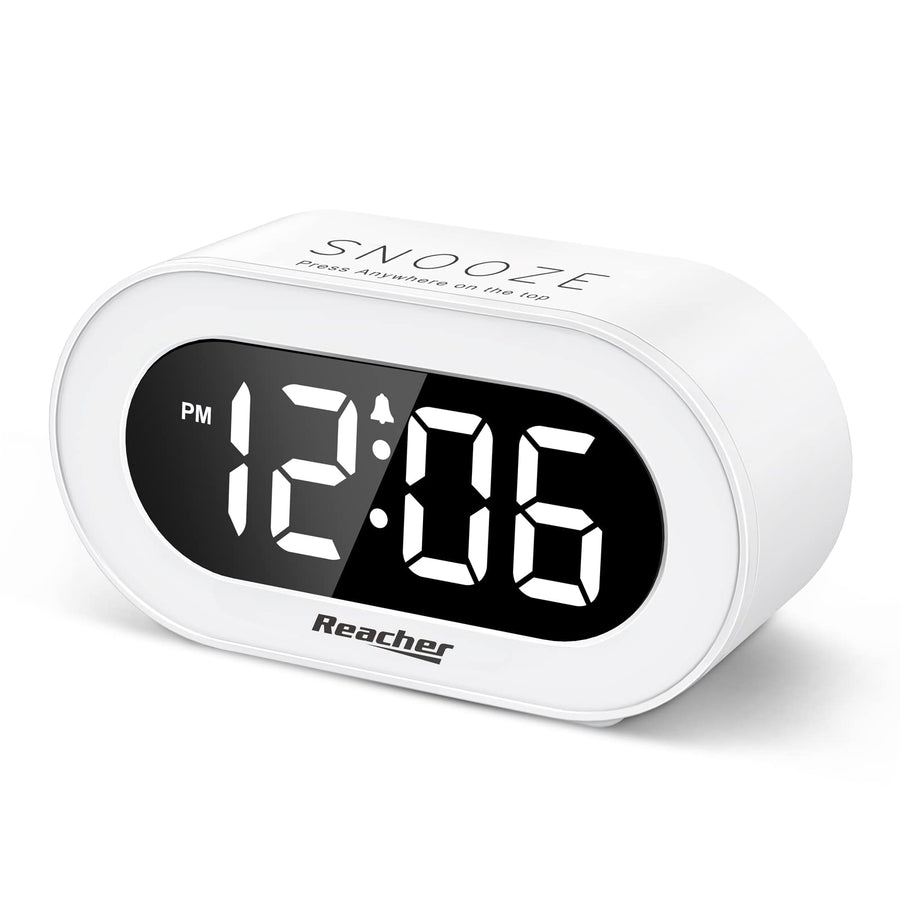 Small LED Digital Alarm Clock with Snooze, Simple to Operate, Full Range Brightness Dimmer, Adjustable Alarm Volume, Outlet Powered Compact Clock for Bedrooms, Bedside, Desk, Shelf(White)