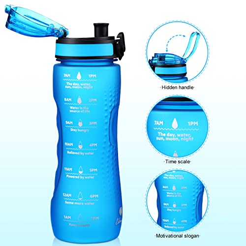 25 oz Water Bottle, BPA Free Tritan Thick Water Bottles with Handle Lid, Water Jug with Time Marker, Blue Color Leak-proof Water Bottle for Kids &amp; Adults