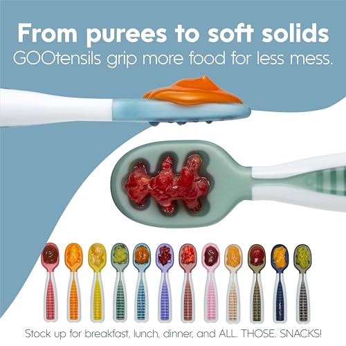 Baby Spoons Set, Pre-Spoon GOOtensils for Kids Aged 6+ Months - First Stage, Baby Led Weaning (BLW) Spoon - Self Feeding, Silicone Toddler Food Utensils - 2 Spoons, Gray/Green