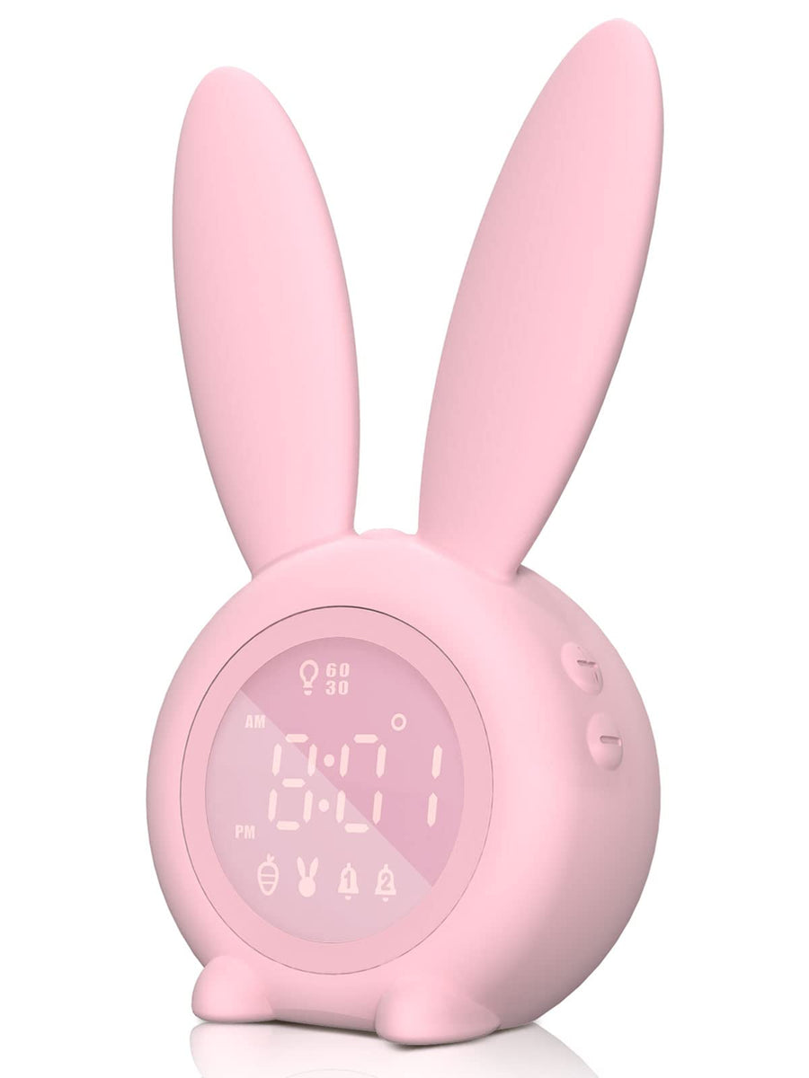 Kids Alarm Clock - Digital Wake Up Clock, Dimmable Ambient Lighting, Cute Rabbit Design, 5 Ringtones - Rechargeable, Perfect for Bedrooms