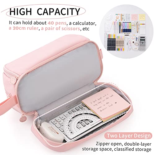 Large Capacity Pen Pencil Case with 4 Compartments, Multi-Slot Pencil Pouch Bag Aesthetic School Supplies Organizer for Teen Girls, Women, Adults (Pink)
