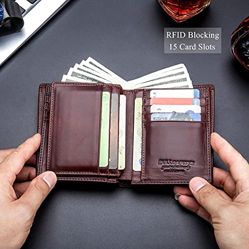 Large Capacity Genuine Leather Bifold Wallet/Credit Card Holder for Men with 15 Card Slots QB-027 (Brown)