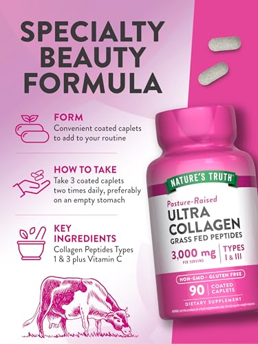 Nature's Truth Collagen Peptides | 90 Caplets | Type 1 and 3 with Vitamin C | Grass Fed, Non-GMO & Gluten Free Supplement