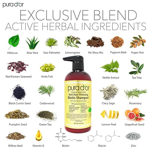PURA D&#39;OR Anti-Thinning Biotin Shampoo &amp; Deep Moisturizing Conditioner Original Gold Label Set (16oz x2) Natural Earthy Scent, CLINICALLY TESTED Effective Results, DHT Blocker Thickening, Women &amp; Men