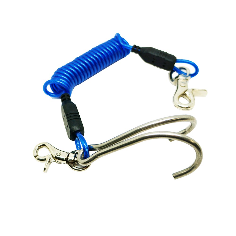 Diving Stainless Steel Reef Double Hook with Spiral Coil Lanyard, Blue