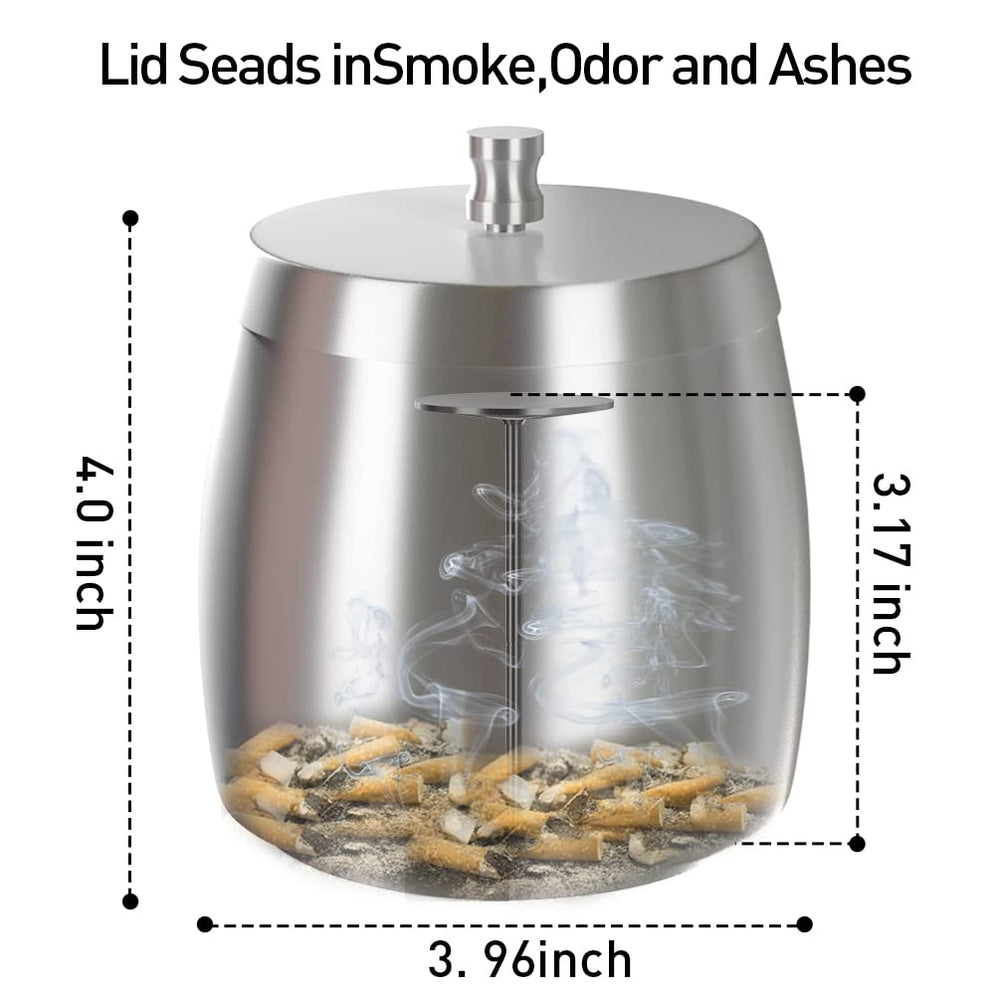 Outdoor Ashtray With Lid For Cigarettes And Cigar Smokers Windproof Rainproof Spill Proof Smokeless Ashtray For Indoor Outside Patio ( Large), Silver