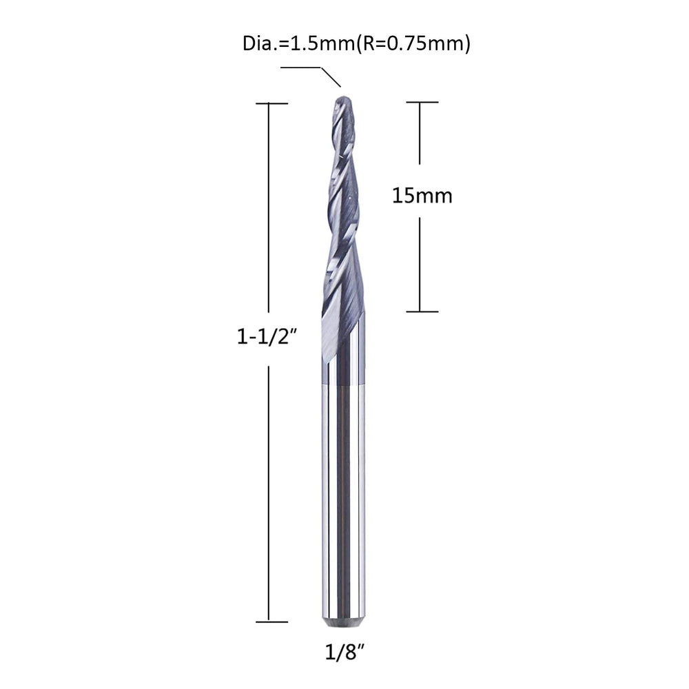 5 Pieces 0.75MM Tip Radius (1.5mm Diameter) Tapered Ball Nose Carbide Router bits 1/8 inch Shank for Wood Carving 3D Engrave with TiAlN Coated