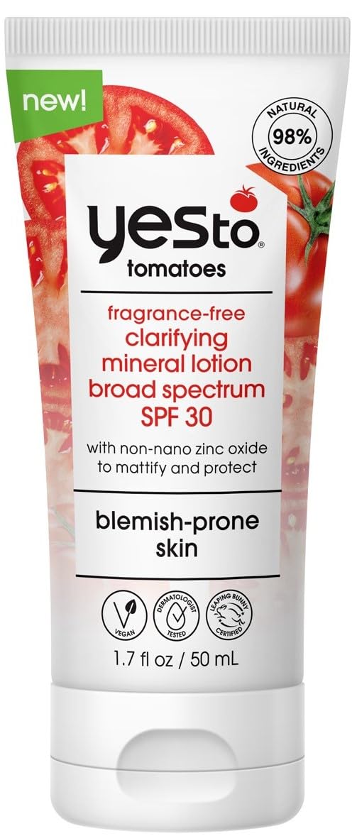 Yes To Tomatoes Fragrance-Free Clarifying Mineral Lotion SPF 30 Sunscreen For Blemish-Prone Skin, Natural Vegan &amp; Cruelty Free, 1.7 Fl Oz