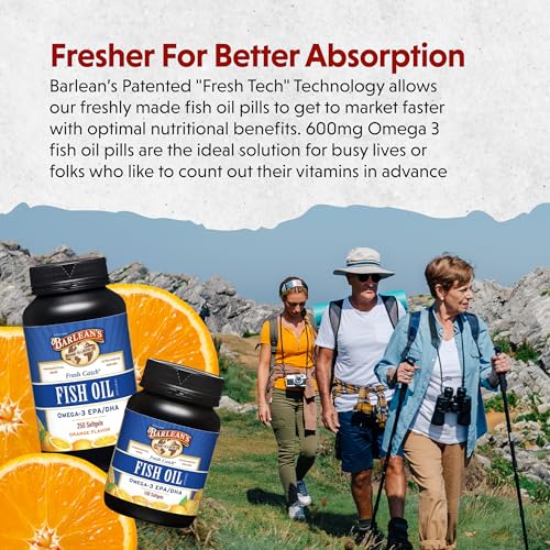 Barlean&#39;s Omega 3 Fish Oil Supplements, 600mg Fish Oil Pills with EPA &amp; DHA, Softgels for Joint, Brain, &amp; Heart Health, Orange Flavored, 250 Count