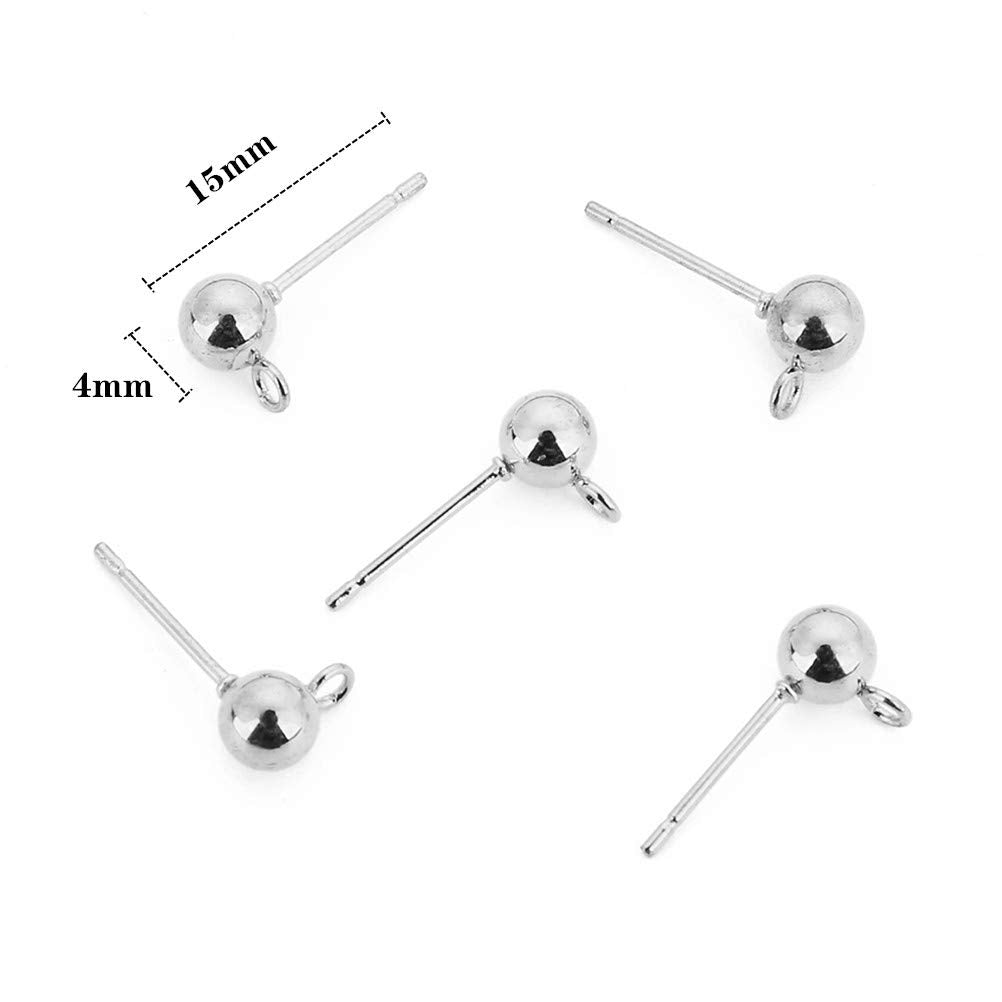 300 Pieces Round Ball Earrings Posts, Earrings Posts with Ring, Ball Post Earring Studs with 300 Pieces Earring Backs Replacements for Jewelry Earring Making Findings