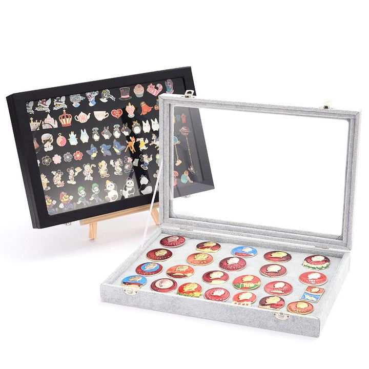 11x8 Inch Dustproof Pin Display Case Shadow Box Frame with Hooks for Military Medal Jewelry Pin Badge Collection, Gray Velvet