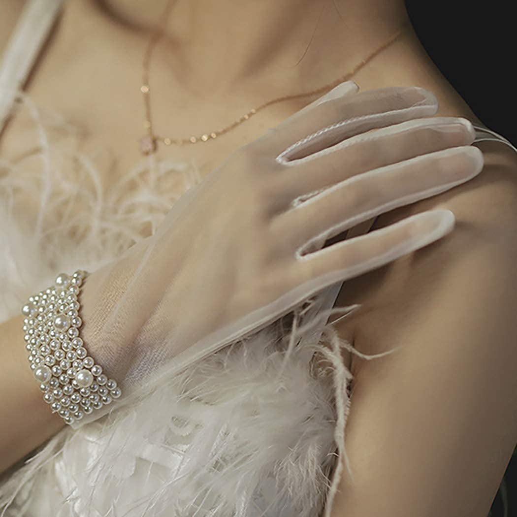 Wedding Bridal Lace Gloves White Sheer Pearl Gloves Elegant Full Fingered Gloves Prom Opera Dinner Party Cosplay for Women and Girls