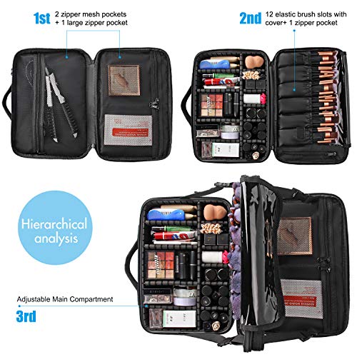 Makeup Bag Travel Makeup Train Case 13.8 inches Large Cosmetic Case Professional Portable Makeup Brush Holder Organizer and Storage with Adjustable Dividers and Shoulder Strap Black