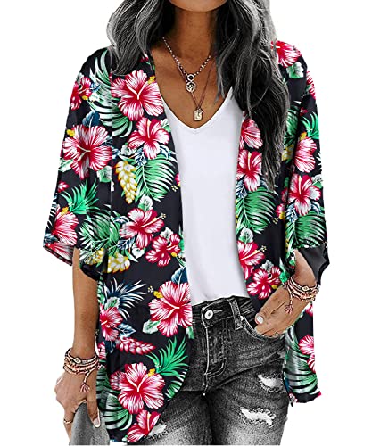 Women&#39;s Boho Chiffon Floral Kimono Cover Ups Thin Summer Lightweight Cardigans Boho Beach Sheer Tropical Hawaiian Shirts Tops Maternity Black Medium