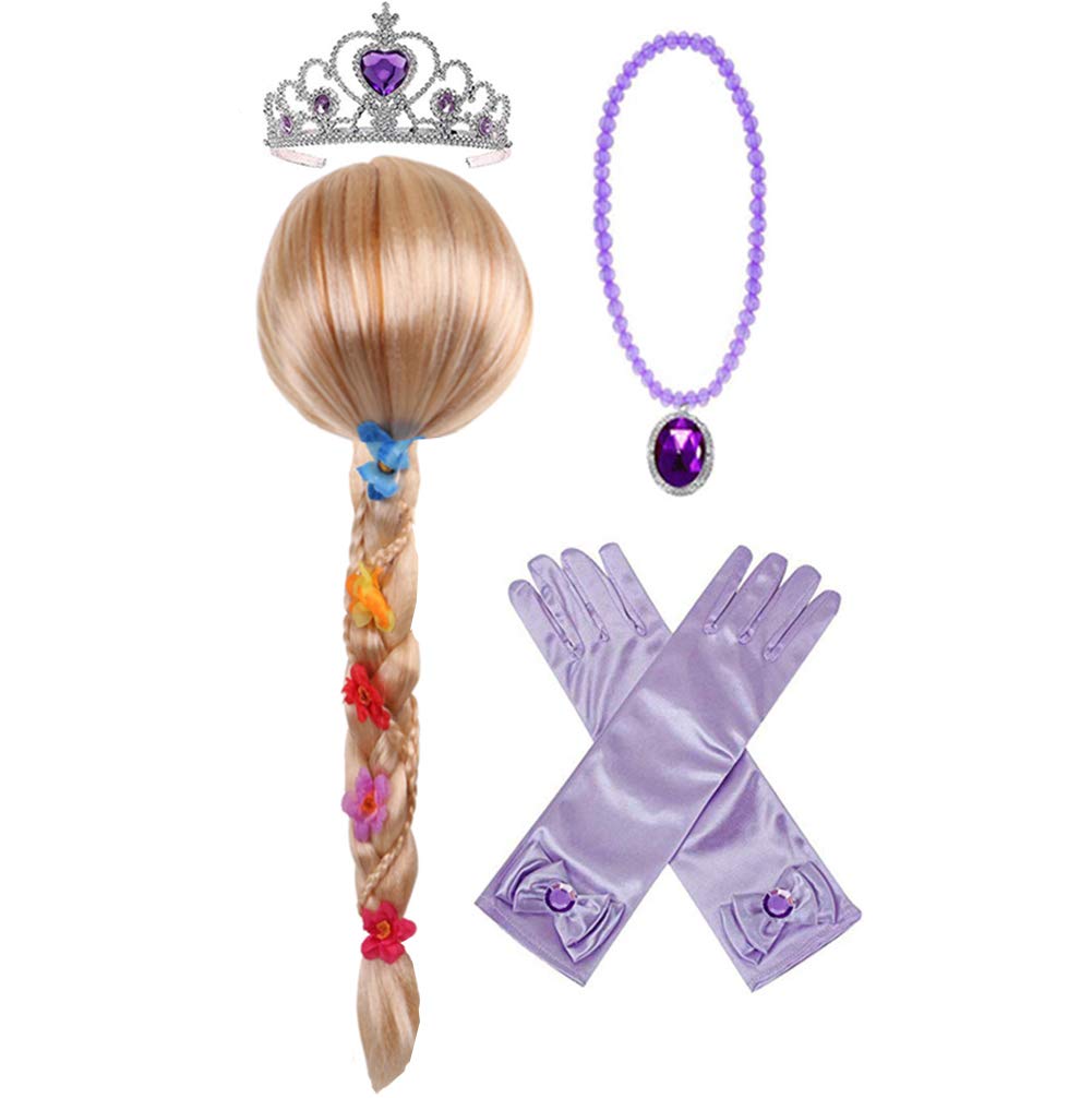Princess Rapunzel Wig Rapunzel Braid with Princess Tiara Necklace Gloves Princess Rapunzel Dress Up Costume Cosplay Accessories for Kids Girls