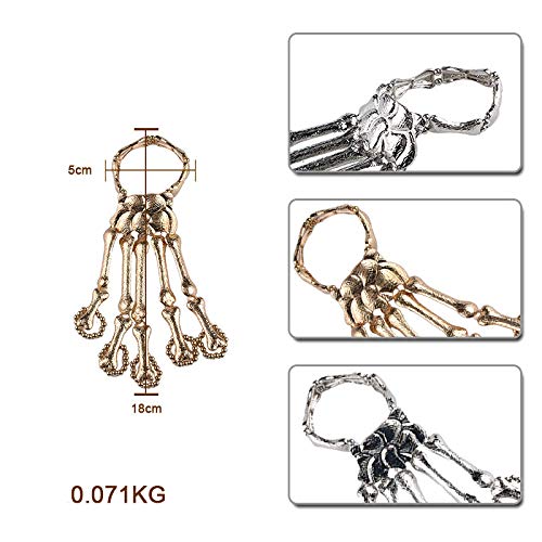 Halloween Wristband Skull Fingers Metal Skeleton Hand Bracelet with Ring for Women and Men on Party(black)