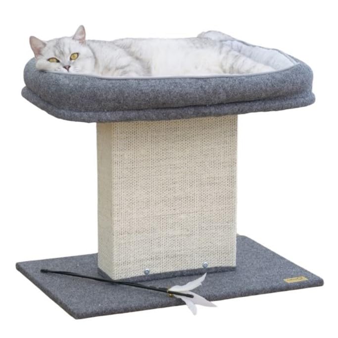 19 High 2-in-1 Elevated Cat Perch with Large Soft Felt Bed, Wide Sisal Scratching Post, Minimalist Cat Furniture for Climbing, Scratching & Resting, Fits All Indoor Cats & Home Décor, Grey