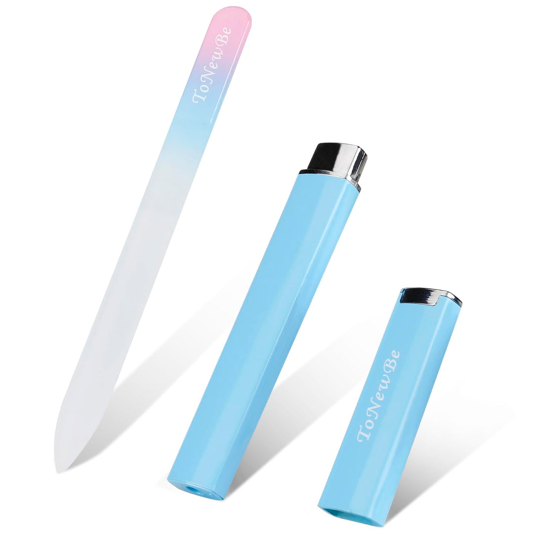 Glass Nail File in Case, Crystal Nail File, Glass Fingernail File, Czech Glass File, Double-Sided Etched Glass Nail File for Nail Art &amp; Nail Care, Christmas Gifts Stocking Stuffers (Pink-Blue)