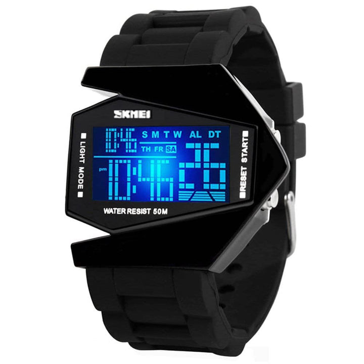 Men Sports Military Watches 5 ATM Digital Airplane Shaped Fashion LED Colorful Light Men Watch (Black)