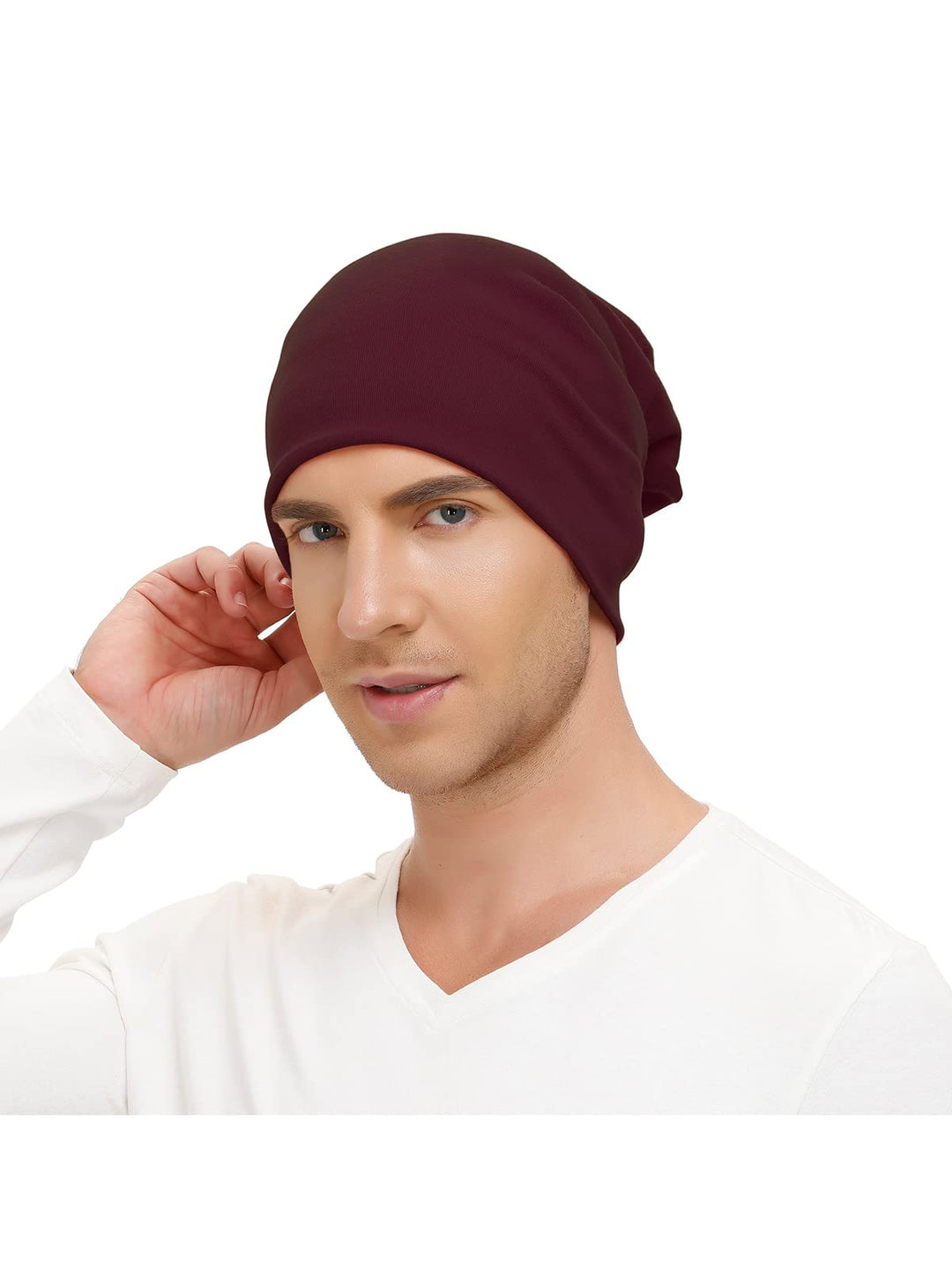 Unisex Women Thin Solid Baggy Slouchy Oversized Cotton Sleep Beanie Hat Skull Cap Burgundy