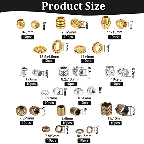 150 Pcs 15 Styles African Hair Beads, Beard Beads Big Hair Beads Tibetan Style Alloy Dreadlock Beads African Beads for Men Women Hair Braids Hair Decoration, Silver/Golden/Bronze, Hole 5-9mm